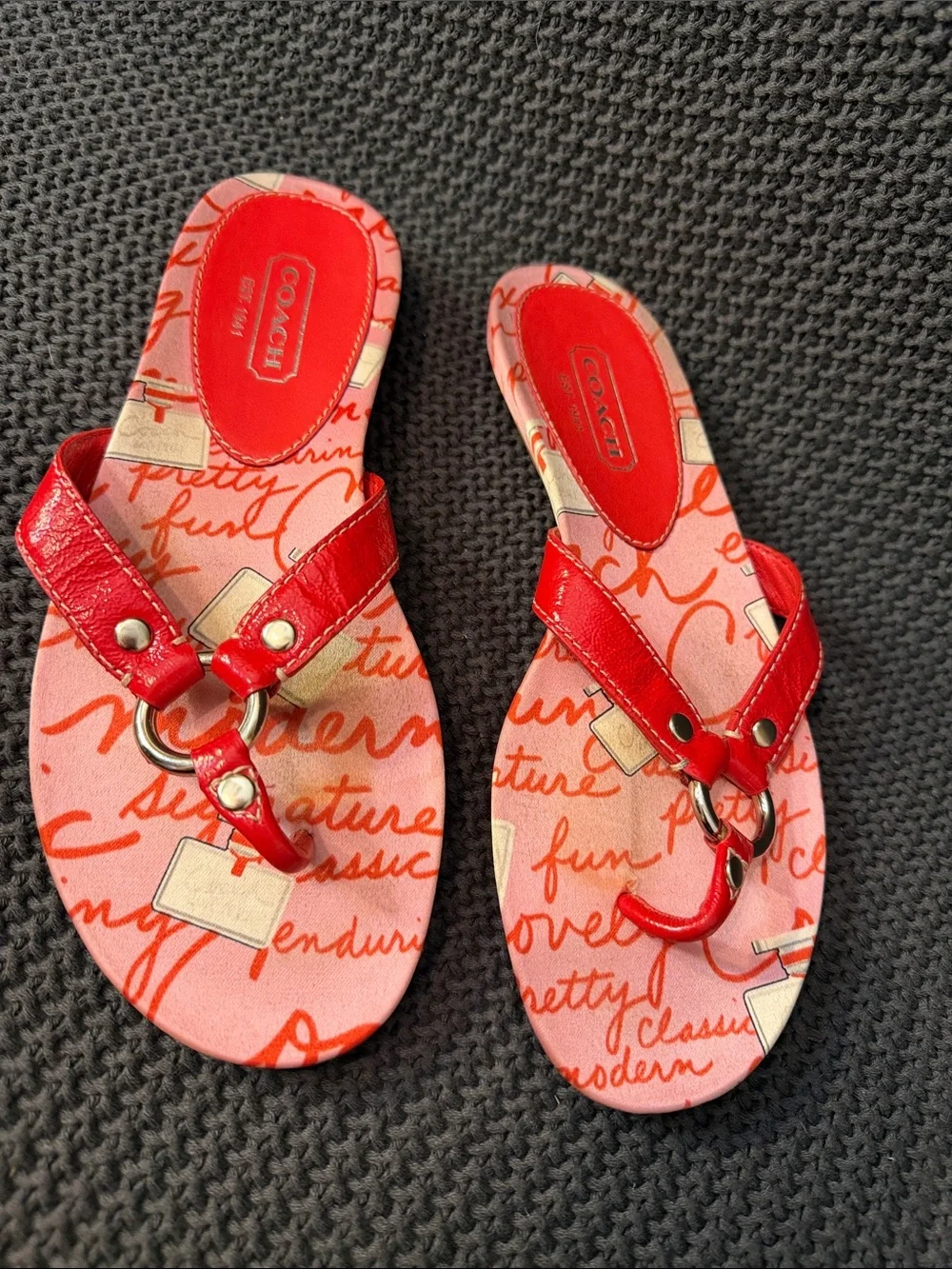 Coach Starla Red and Pink Script Print Leather Thong Sandals 7.5